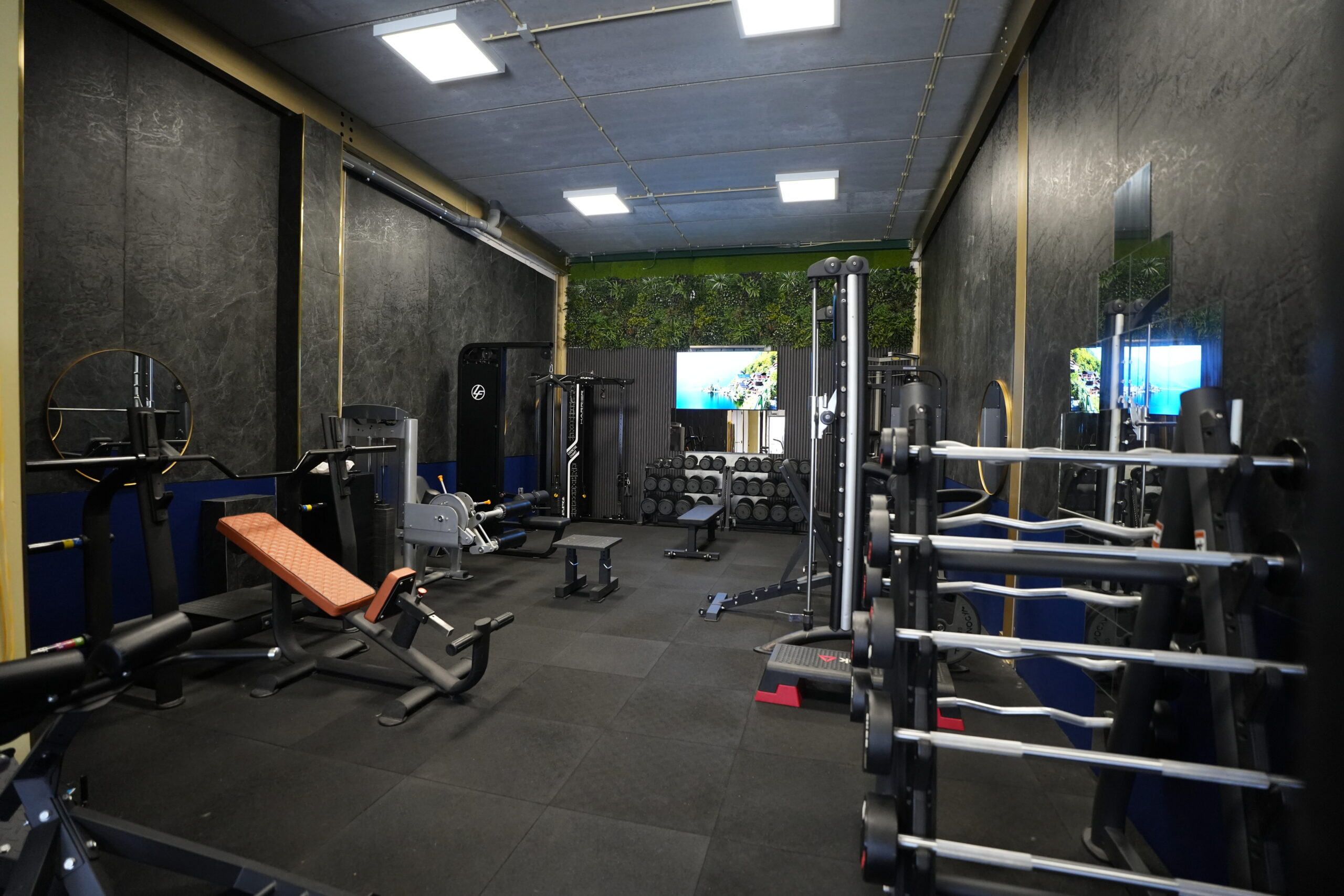 Premium fitnessapparatuur in de boutique gym van Harbor Athletics.