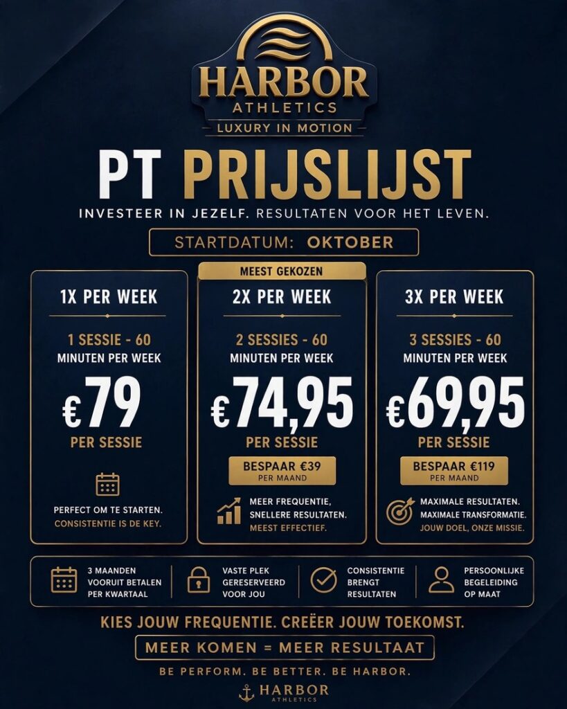 Harbor Athletics Personal Training prijslijst en tarieven voor 1, 2 of 3 keer per week 1-op-1 begeleiding
